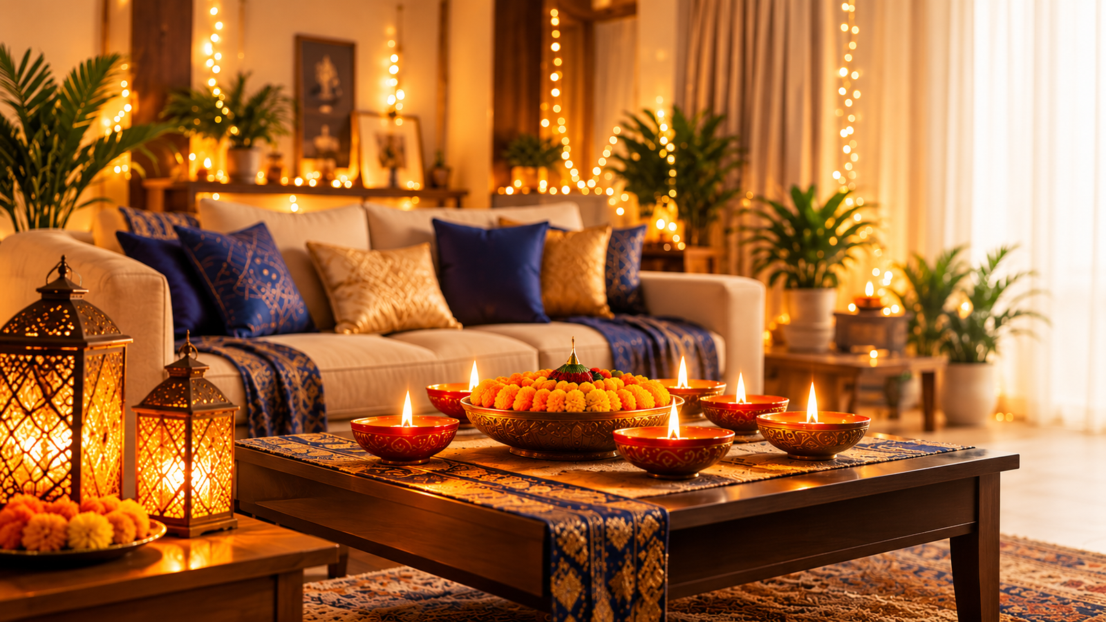 Cozy living room with a sofa, glowing diyas, lanterns and marigolds