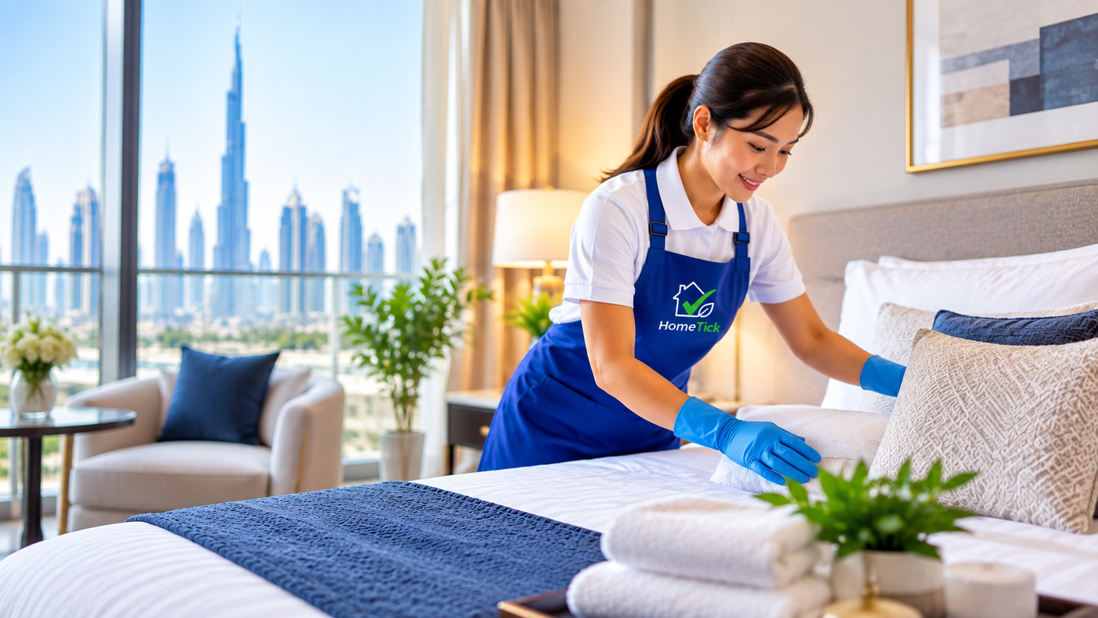 HomeTick cleaner preparing an Airbnb property in Dubai